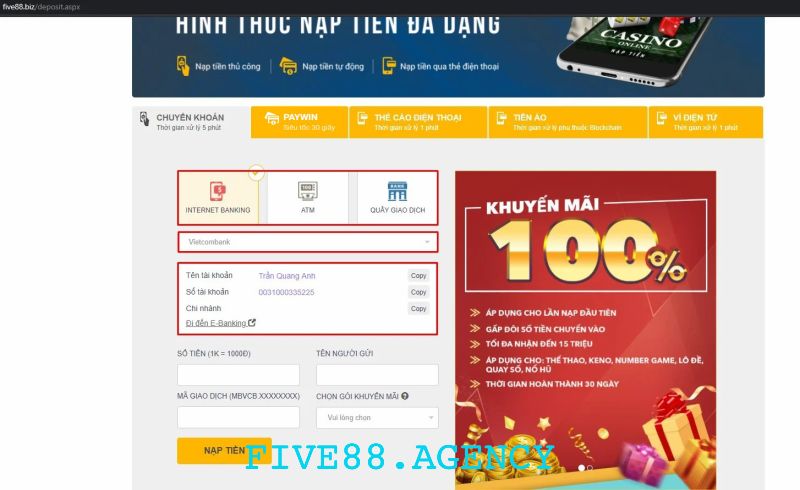 Five88 hỗ trợ nhiều phương thức thanh toán
