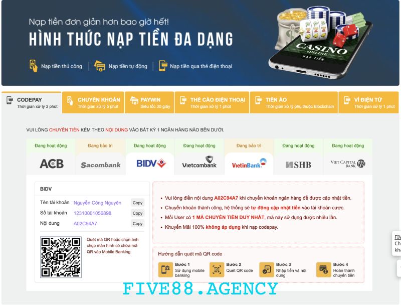 Nạp tiền Five88 qua ngân hàng